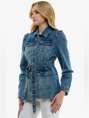 Elegant Belted Puff Sleeve Denim Jacket | SM129